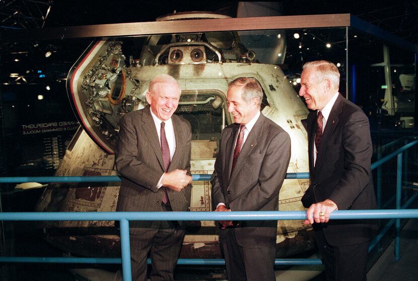 From left to right, Apollo 8 astronauts Frank Borman, William Anders and James Lovell Jr....