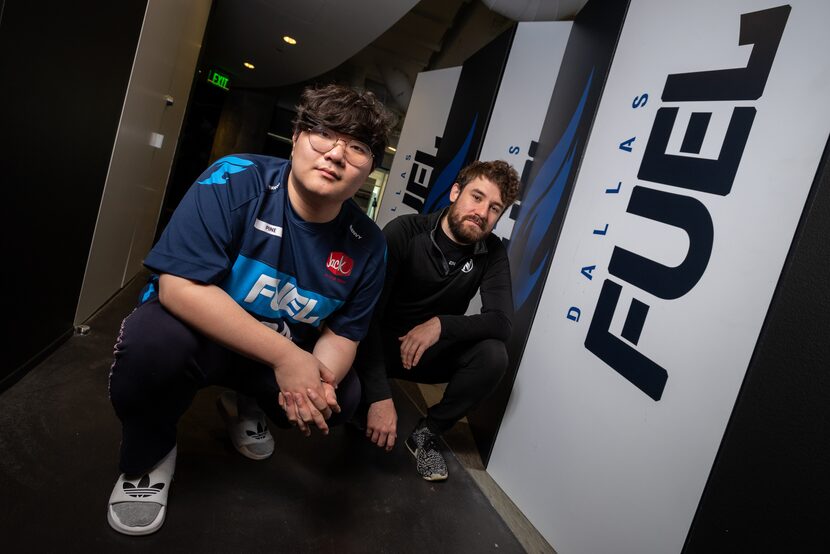 Dallas Fuel Damage Per Second player Do Hyeon "Pine" Kim, left, and team general manager Mat...