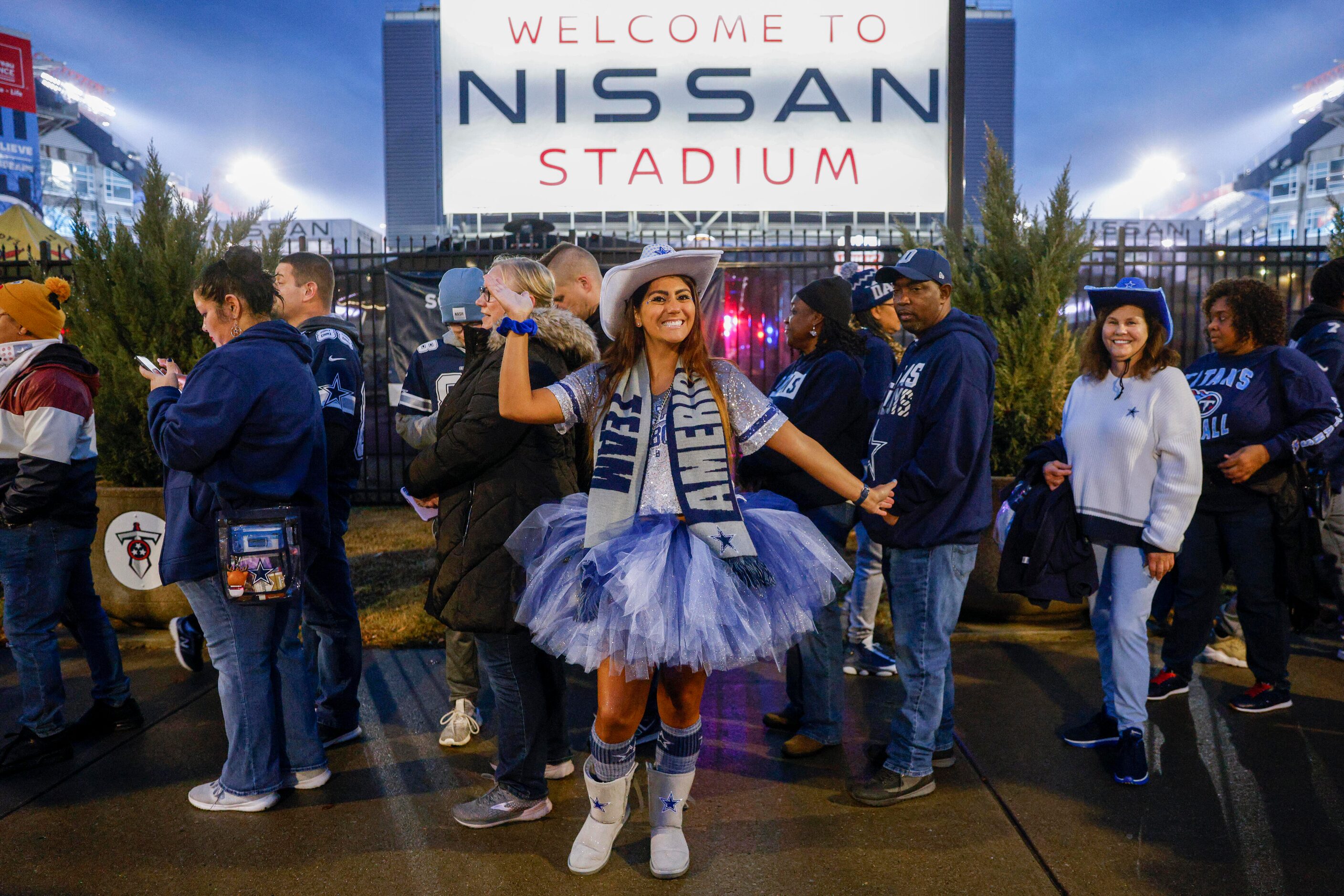 Dallas Cowboys fan Amber Gill of Amarillo poses for a photo before an NFL game against the...