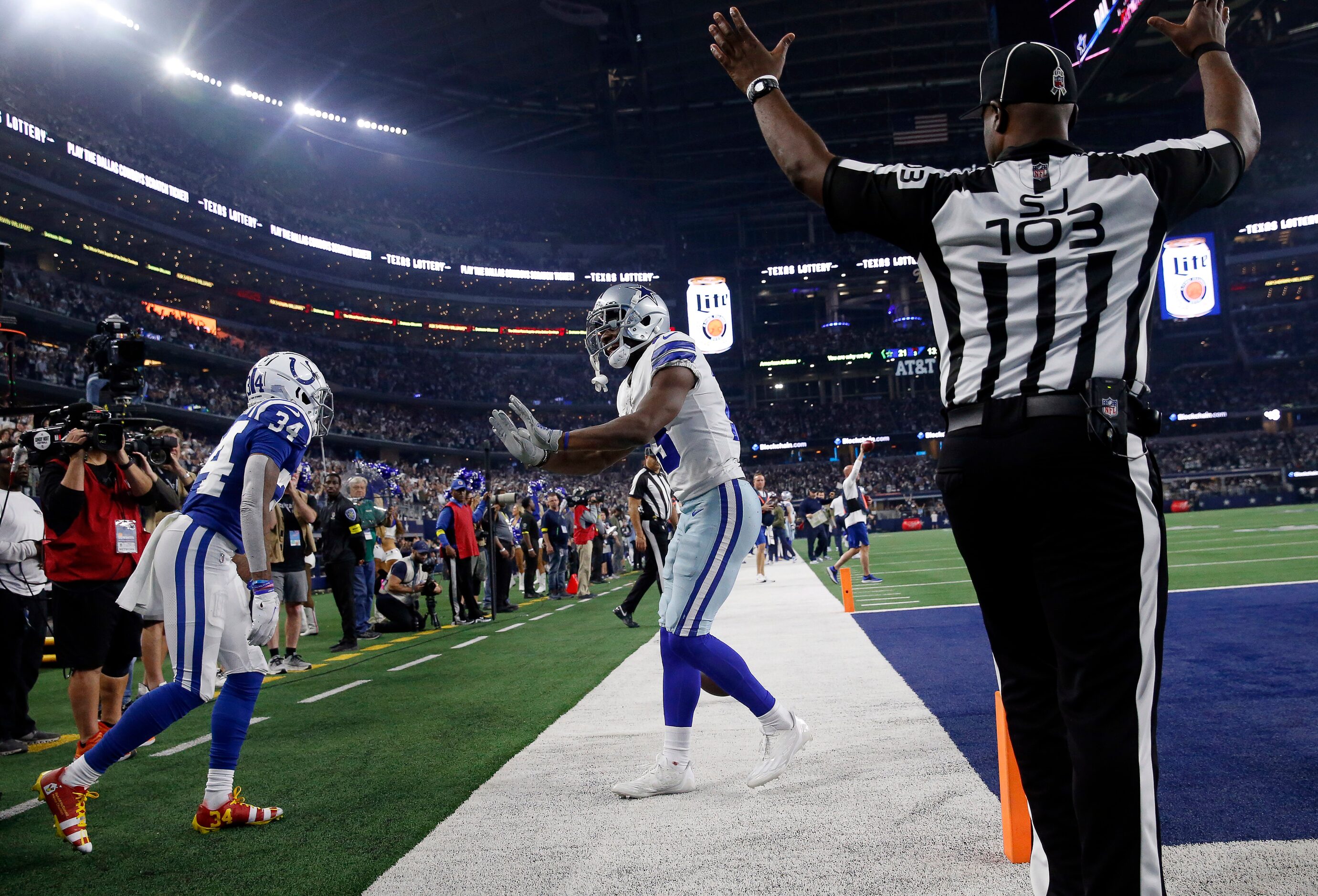 Dallas Cowboys wide receiver Michael Gallup (13) celebrates his fourth quarter touchdown...