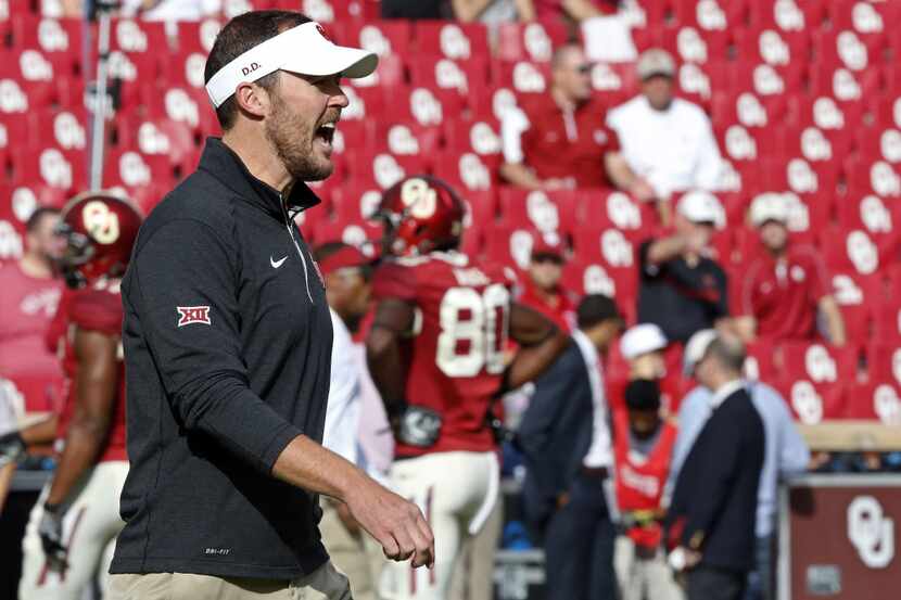 FILE - In this Oct. 15, 2016, file photo, Oklahoma offensive coordinator Lincoln Riley...