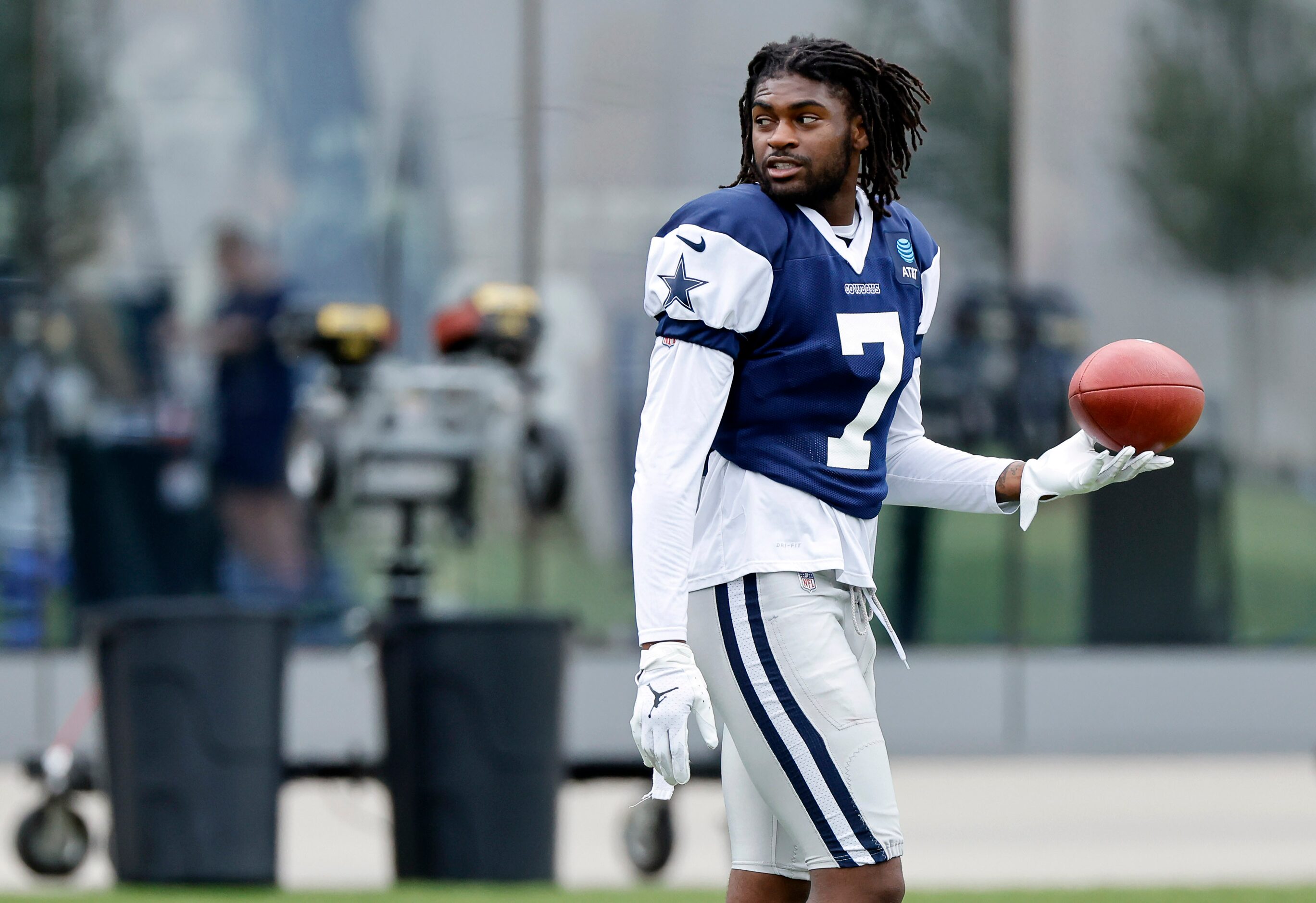 Dallas Cowboys cornerback Trevon Diggs (7) worked on a side field during practice at The...