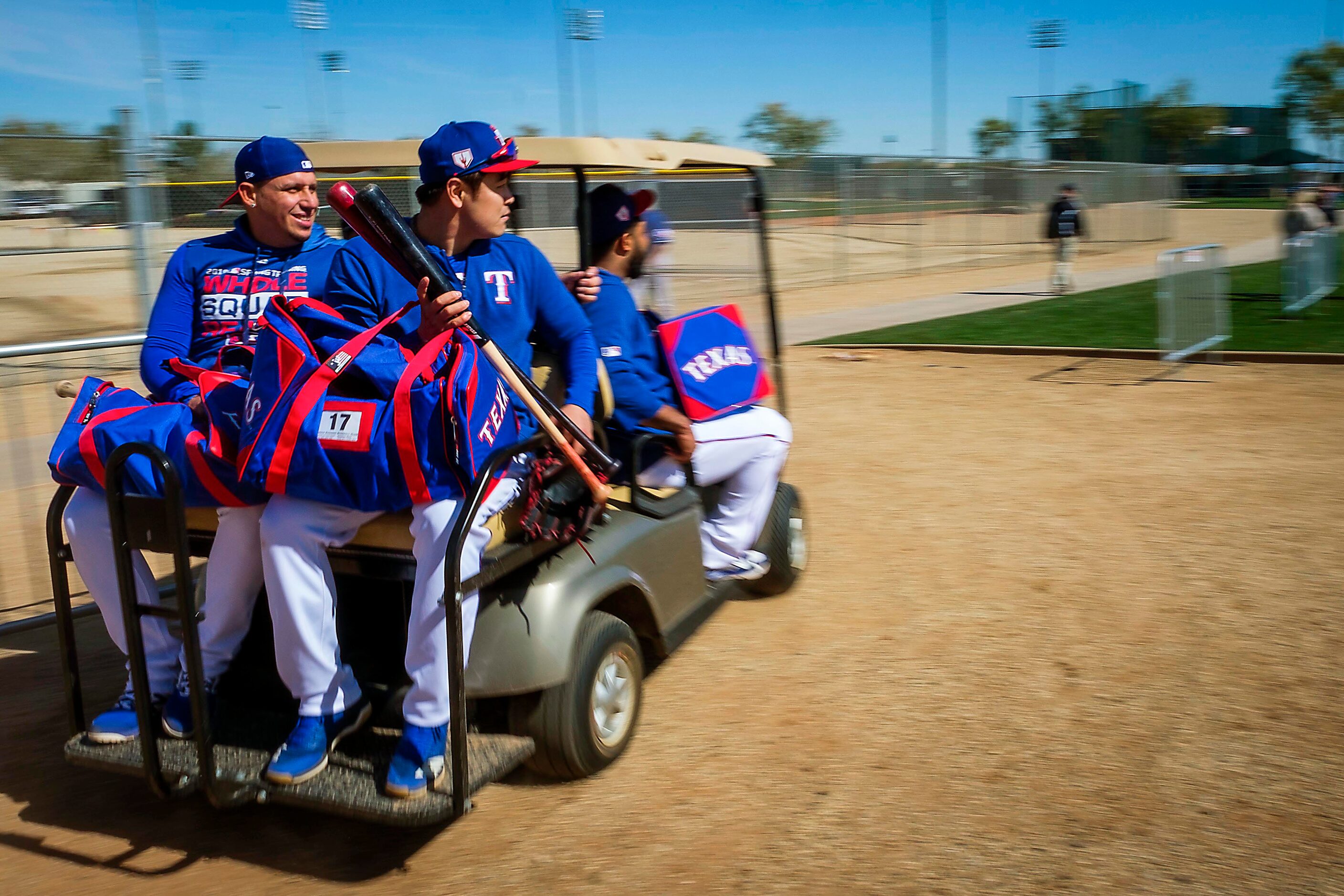 Texas Rangers infielder Asdrubal Cabrera (left), outfielder Shin-Soo Choo and shortstop...