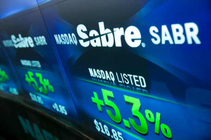 
The Sabre Corp. logo is displayed on a monitor during an IPO ceremony in April.

