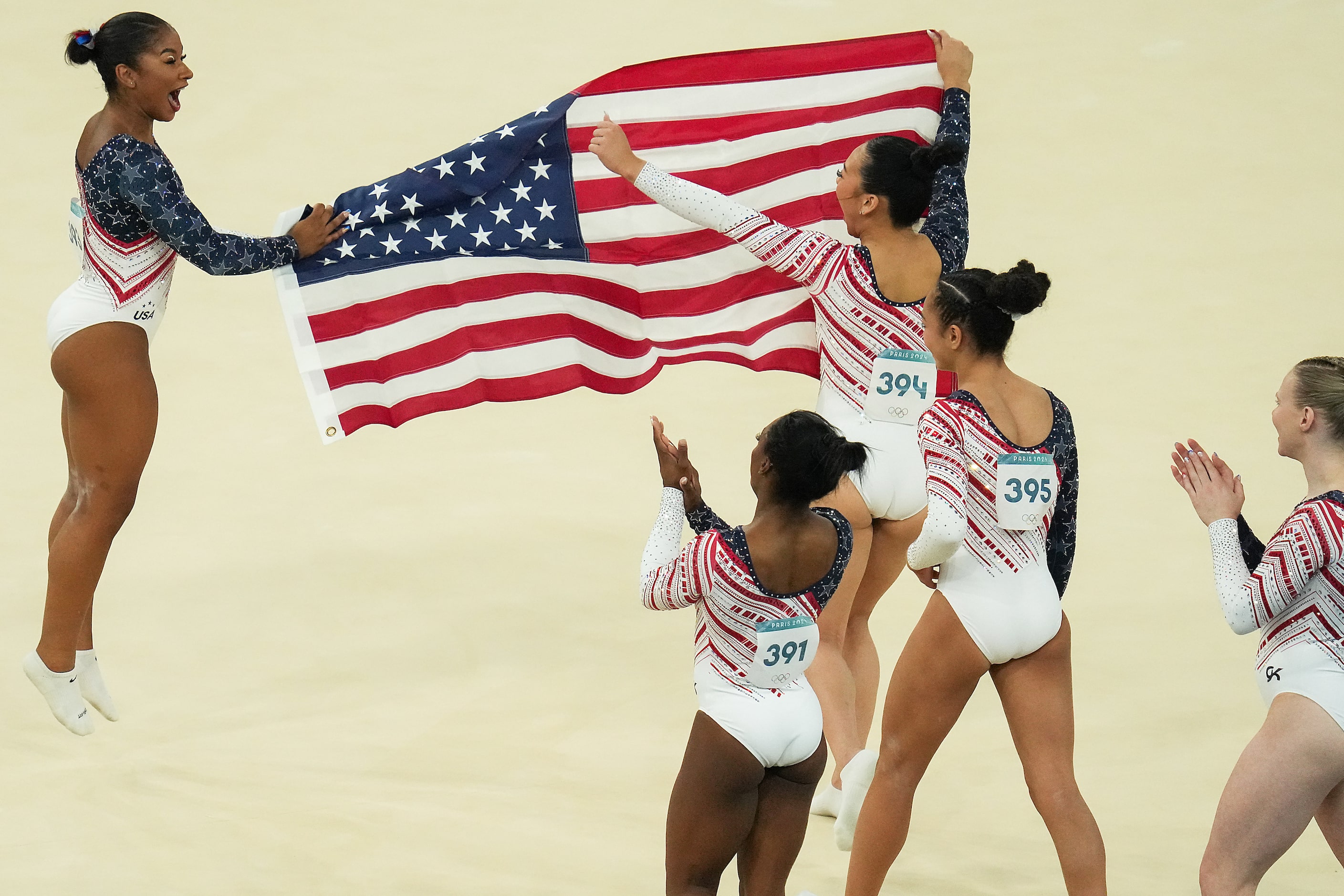 Jordan Chiles (left), Suni Lee (394), Simone Biles, (391), Hezly Rivera (395) and Jade Carey...