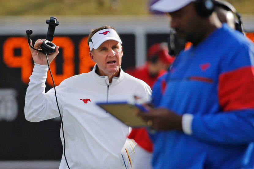 SMU head coach Chad Morris is pictured on the sidelines in the second quarter during the...
