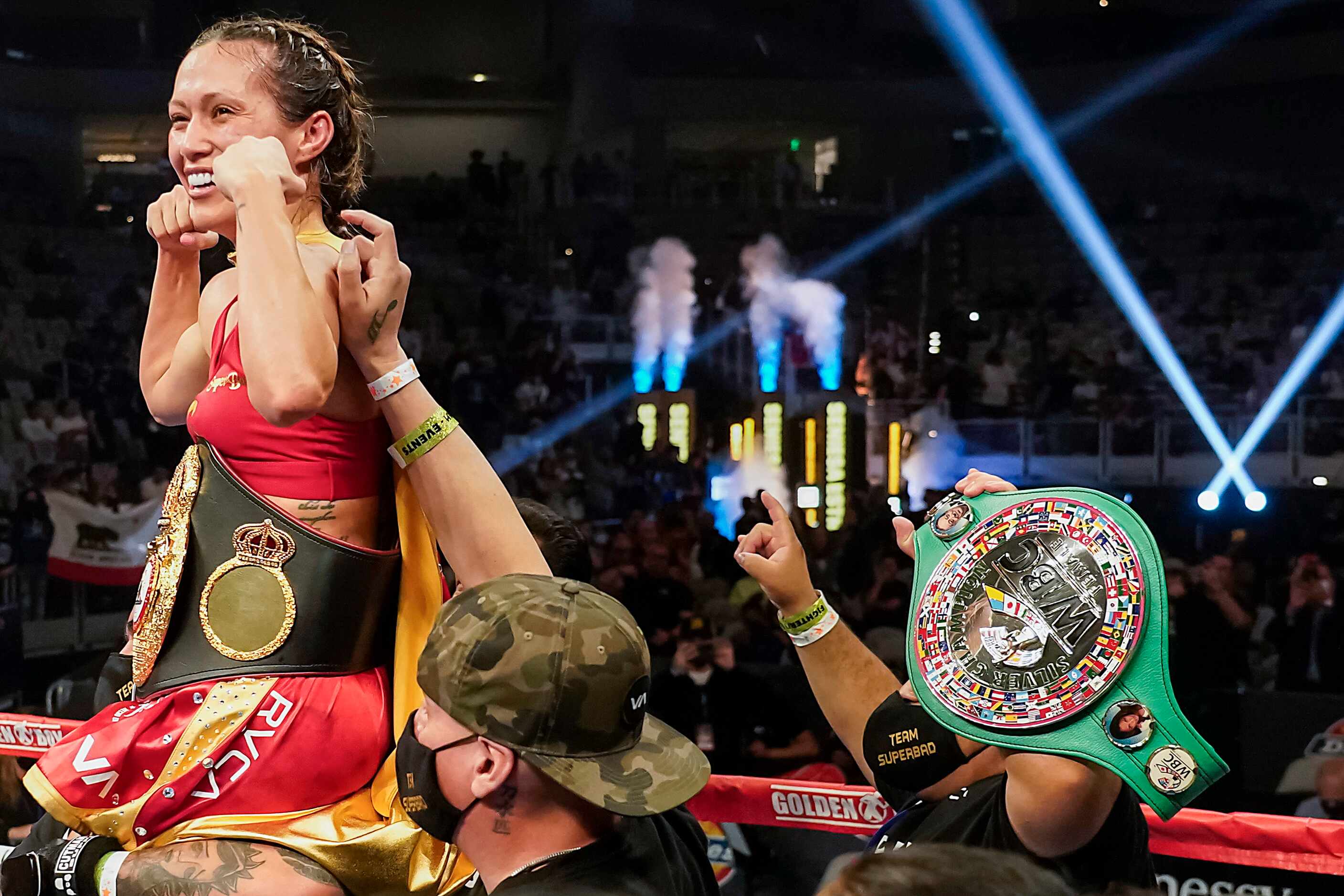 Seniesa Estrada celebrates after defeating Anabel Ortiz for the WBA women’s strawweight...