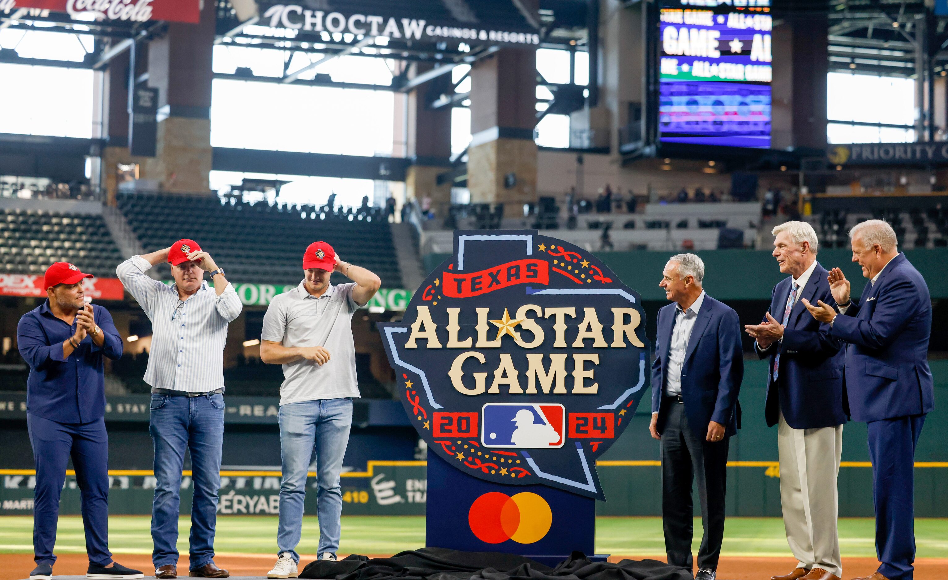 The official logo for the 2024 All-Star Game is presented at Globe Life Field in Arlington...