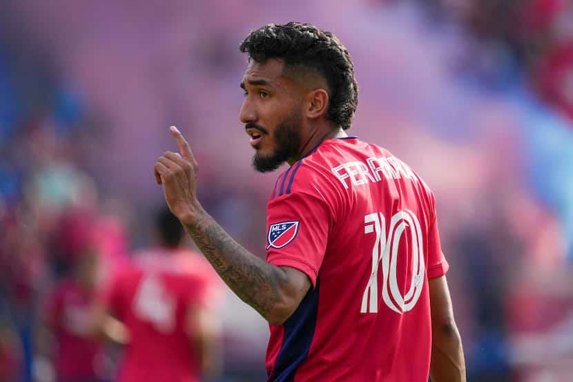 FC Dallas forward Jesús Ferreira looks to the sidelines during the first half of an MLS...