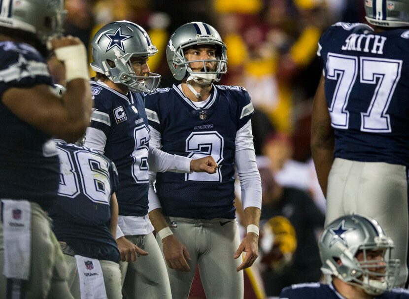 Dallas Cowboys kicker Brett Maher (2) reacts as his field goal attempt hits the pylon and...