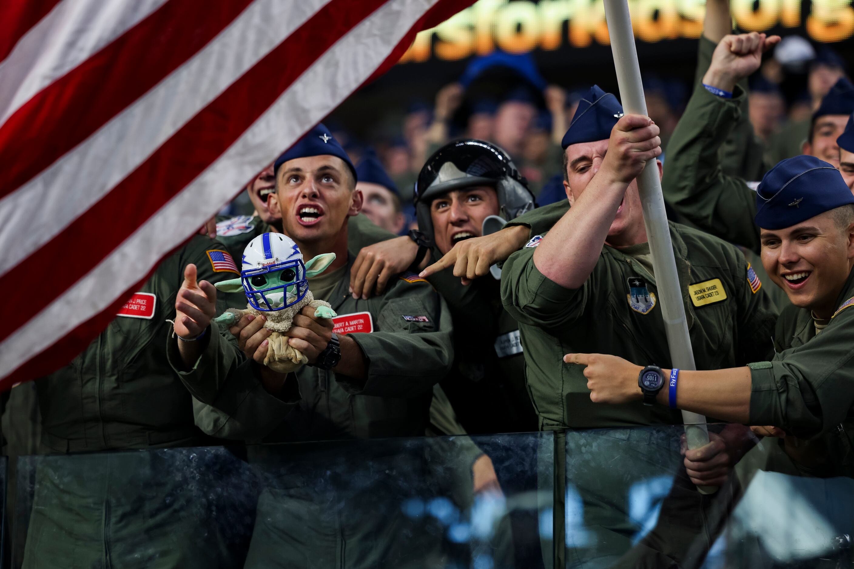 Air Force Cadets celebrate a missed field goal by the Army Black Knights during first...