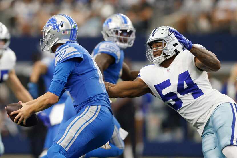 Dallas Cowboys defensive end Sam Williams (54) sacks Detroit Lions quarterback Jared Goff...