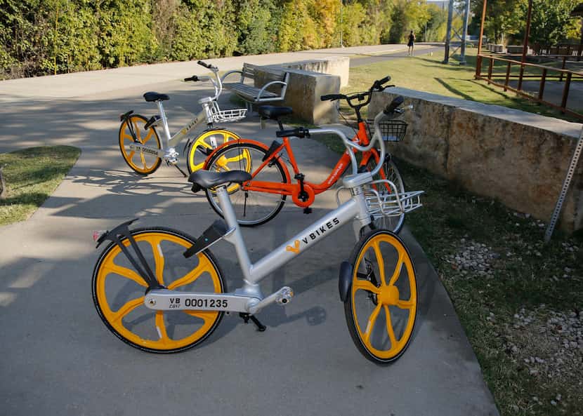 Two VBikes and a Spin bike are found along the Katy Trail on Wednesday. 