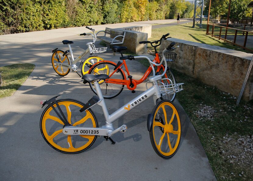 Two VBikes and a Spin bike are found along the Katy Trail on Wednesday. 