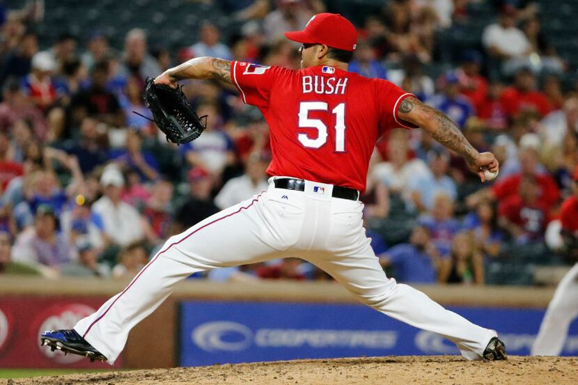 Texas Rangers relief pitcher Matt Bush (51) is pictured during the Los Angeles Angels vs....