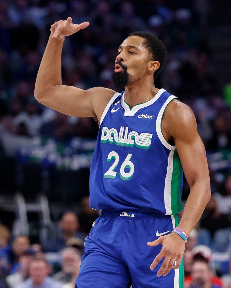 Dallas Mavericks guard Spencer Dinwiddie (26) celebrates a three-point shot during the first...