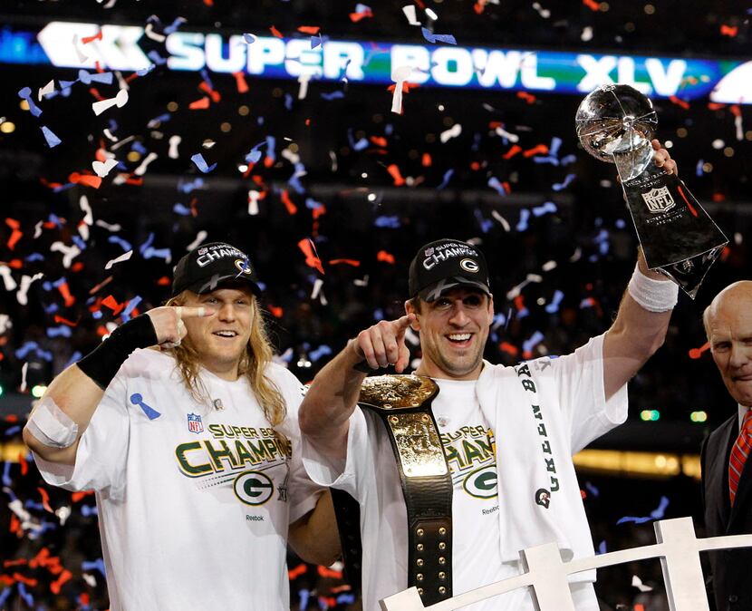 Super Bowl MVP and Green Bay Packers quarterback Aaron Rogers celebrate  after winning Super Bowl XLV at Cowboys Stadium in Arlington, Texas on  February 6, 2011. The Green Bay Packers beat the