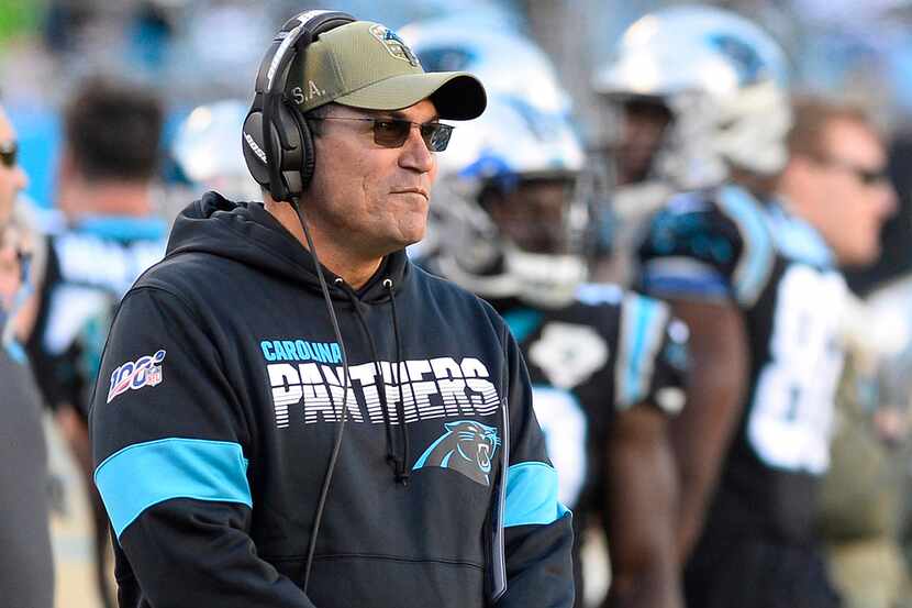 Carolina Panthers head coach Ron Rivera after an interception by the Atlanta Falcons during...