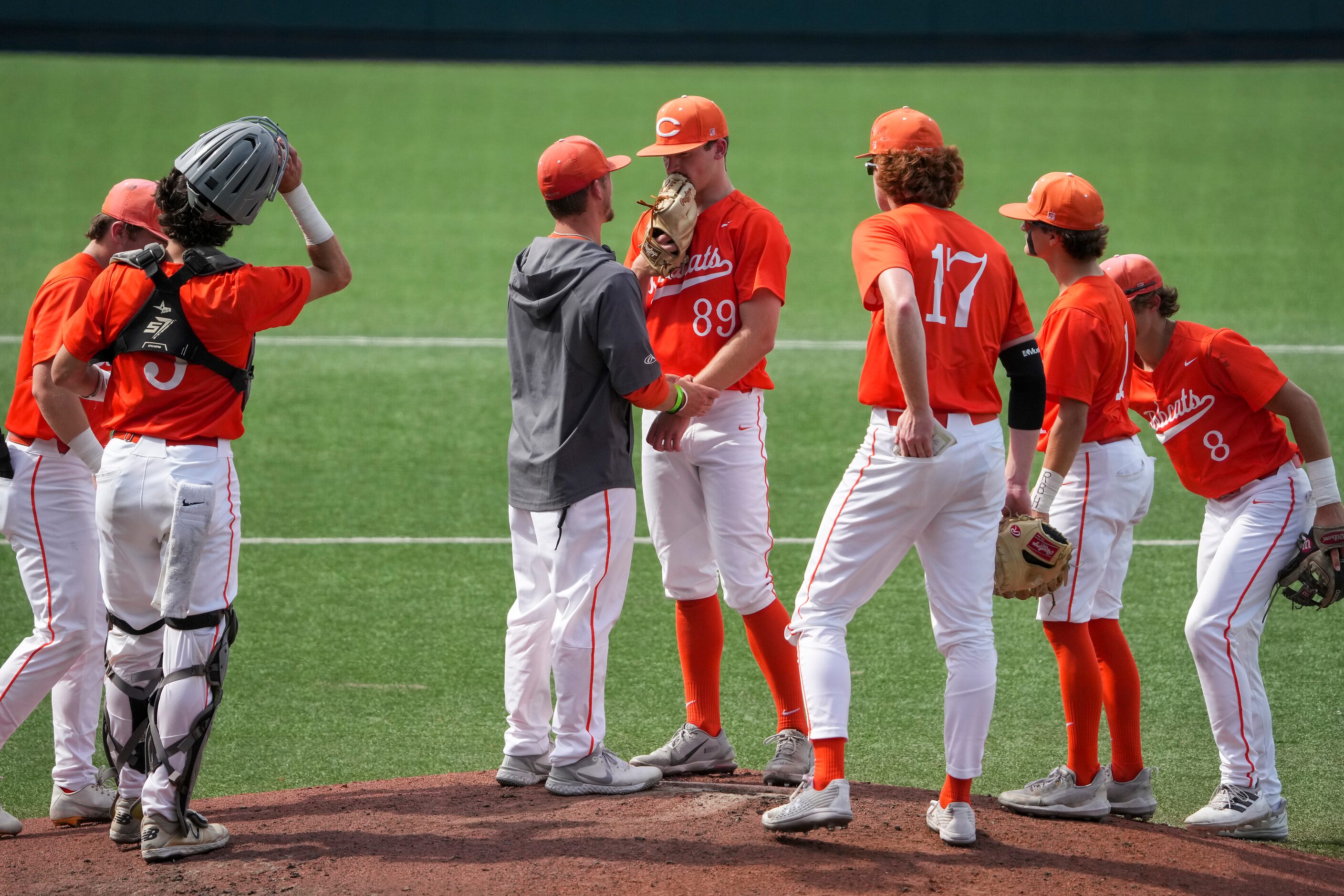 Celina pitcher RJ Ruais gets a visit from head coach Troy McCartney during the first inning...