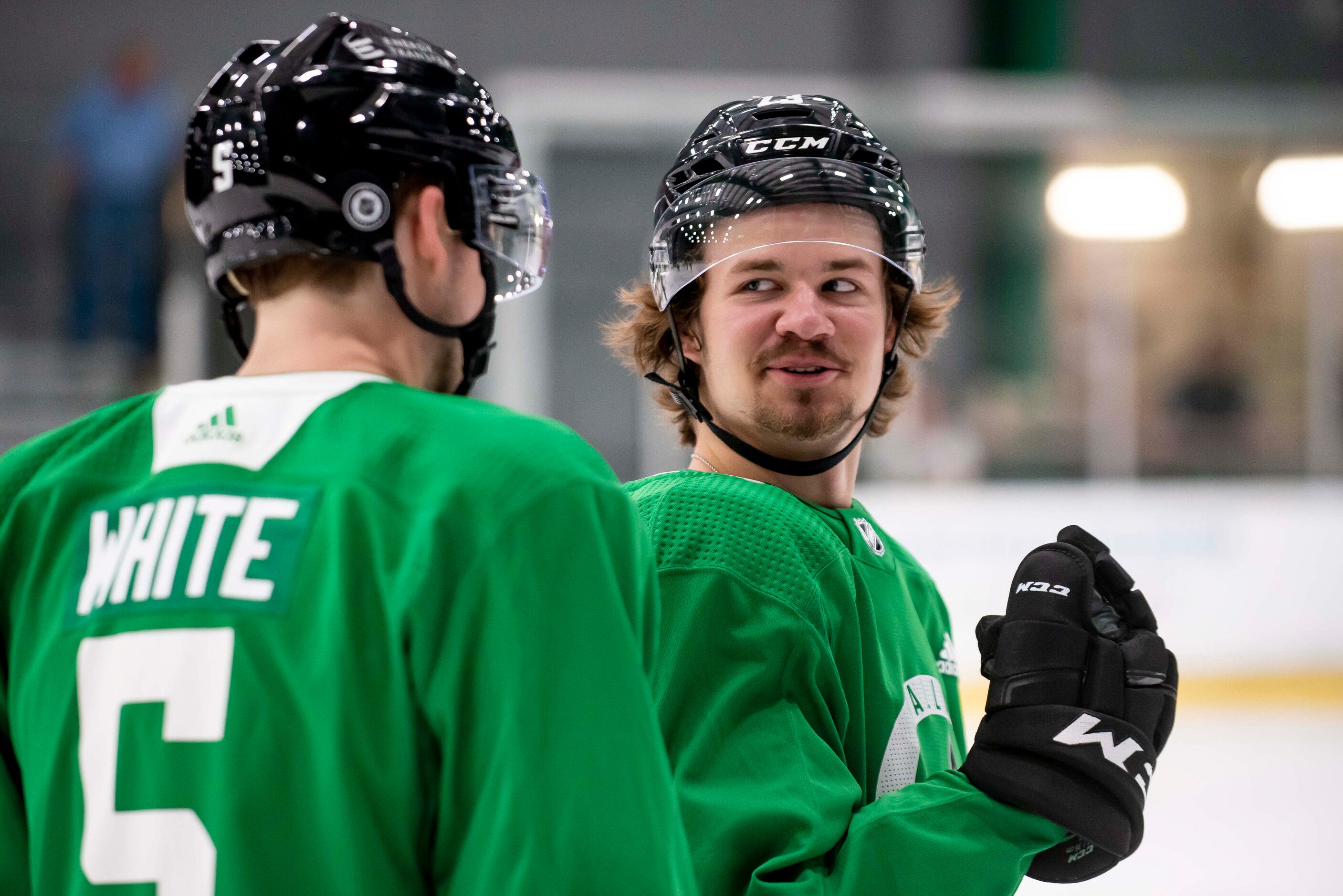 Forward Logan Morrison (73) smiles while conversing with defenseman Gavin White (5) during...