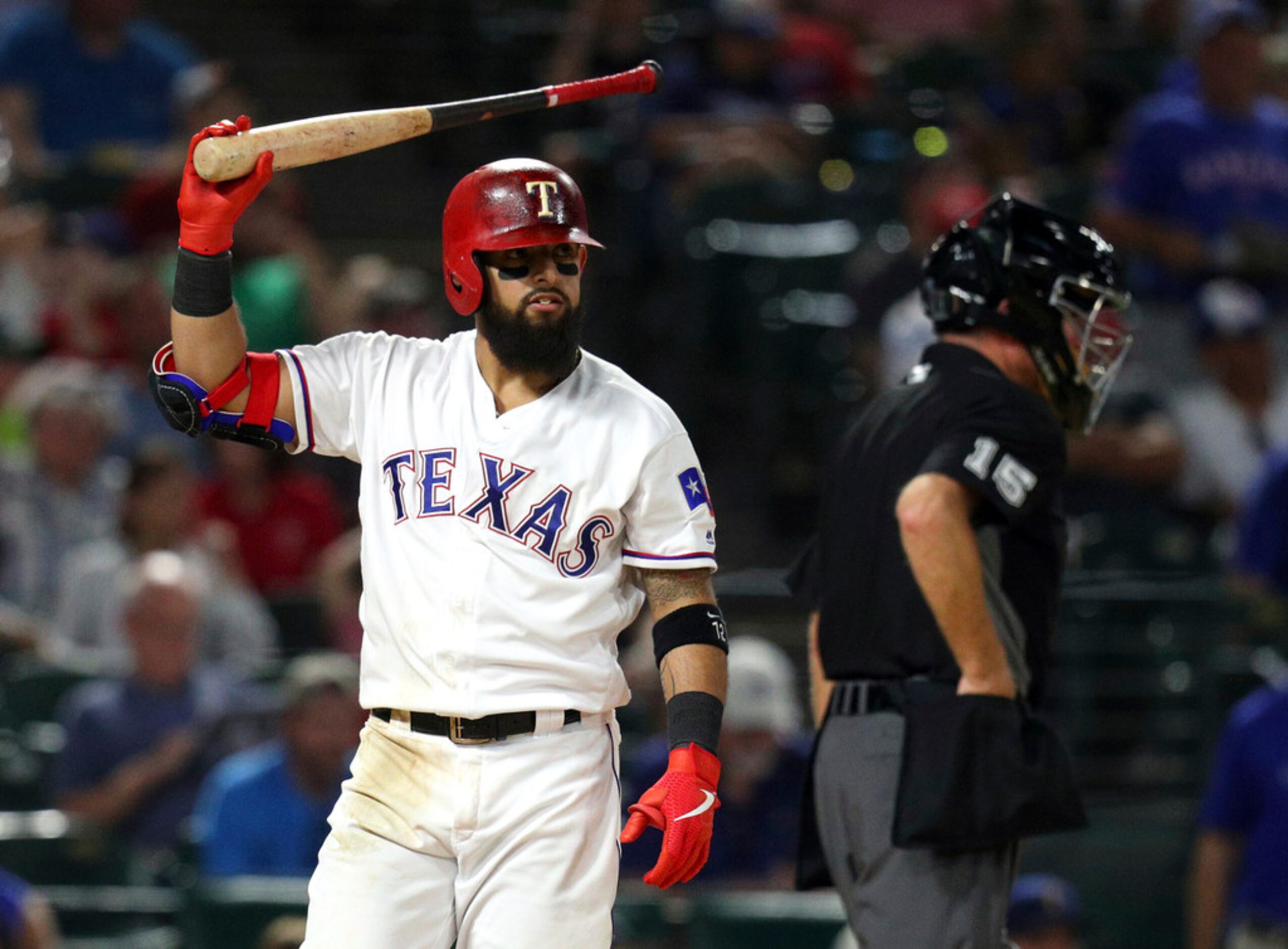 Texas Rangers Rougned Odor (12) reacts after striking out in the sixth inning of the team's...