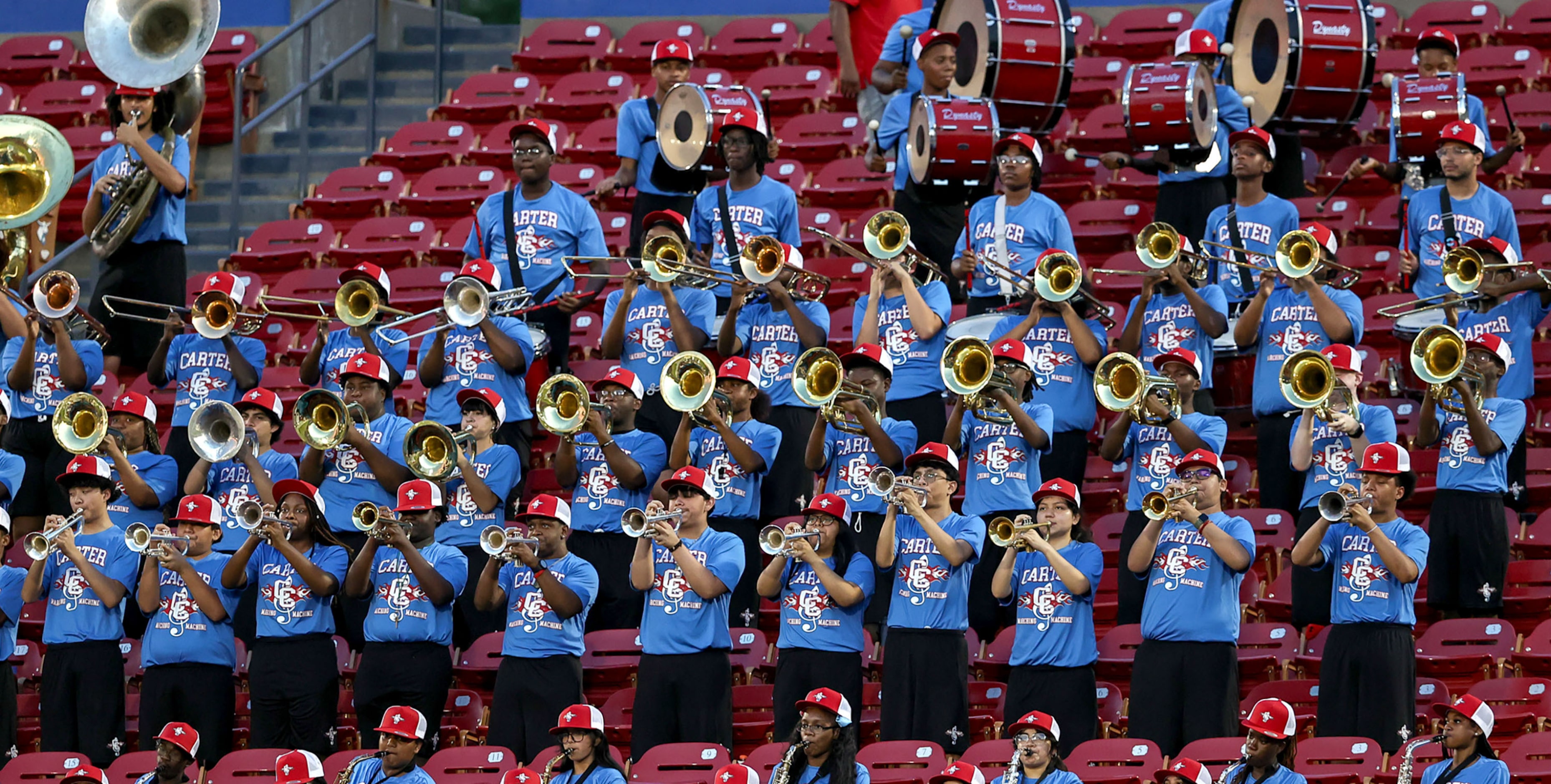 The Dallas Carter band performs during the game against Frisco Panther Creek in a high...