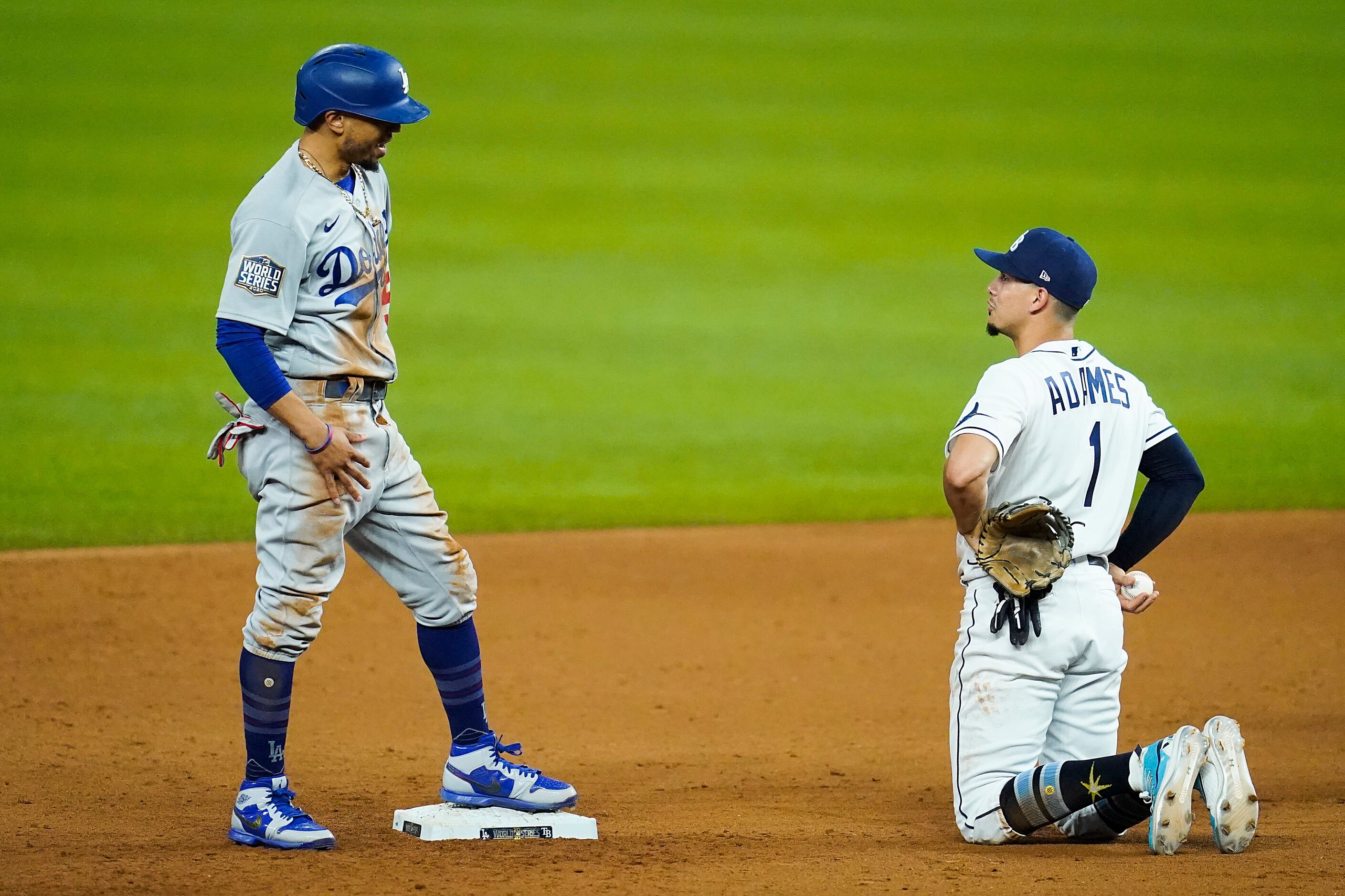 Tampa Bay Rays shortstop Willy Adames (1) reacts after Los Angeles Dodgers right fielder...