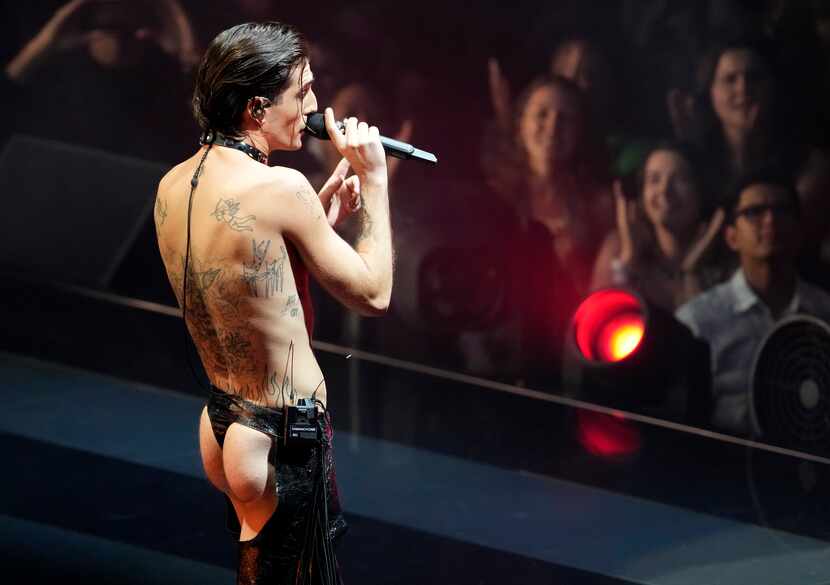 Damiano David, of Maneskin, perform at the MTV Video Music Awards at the Prudential Center...