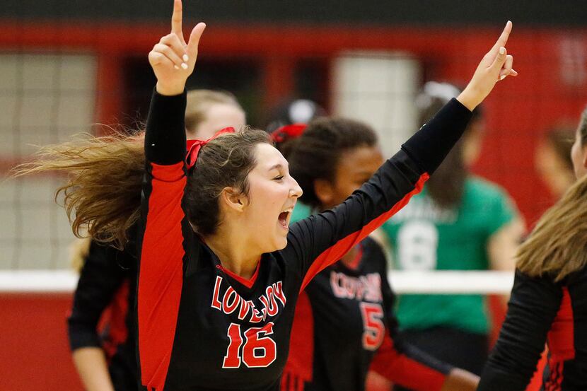 Lovejoy's Emma Johnson (16) celebrates a point during Tuesday's victory against Southlake...