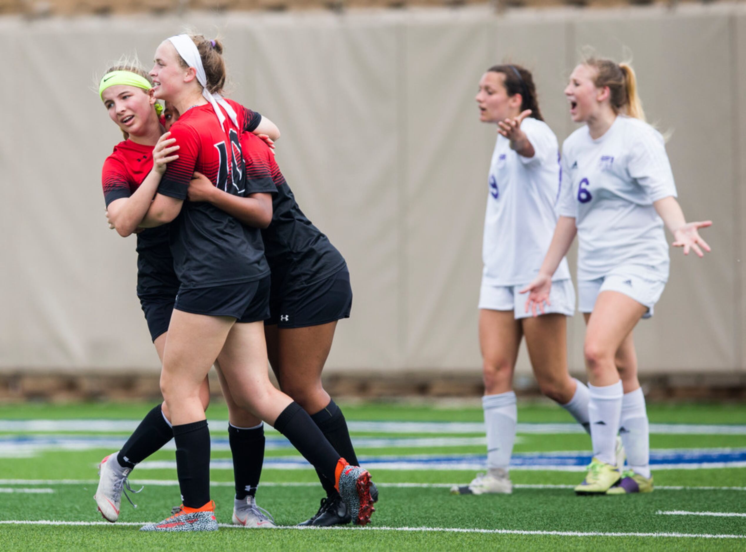 Melissa forward Lucy Hurst (7) and forward Hanna Waters (10) celebrate with forward Payton...