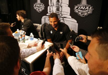 Trevor Daley addresses the media during the NHL Stanley Cup Final Media Day (Photo by Justin...