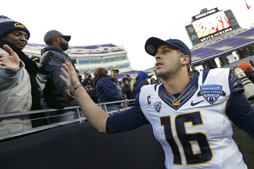 California quarterback Jared Goff (16) celebrates with fans after California defeated Air...
