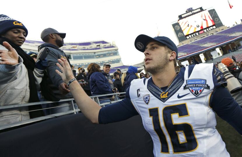 California quarterback Jared Goff (16) celebrates with fans after California defeated Air...
