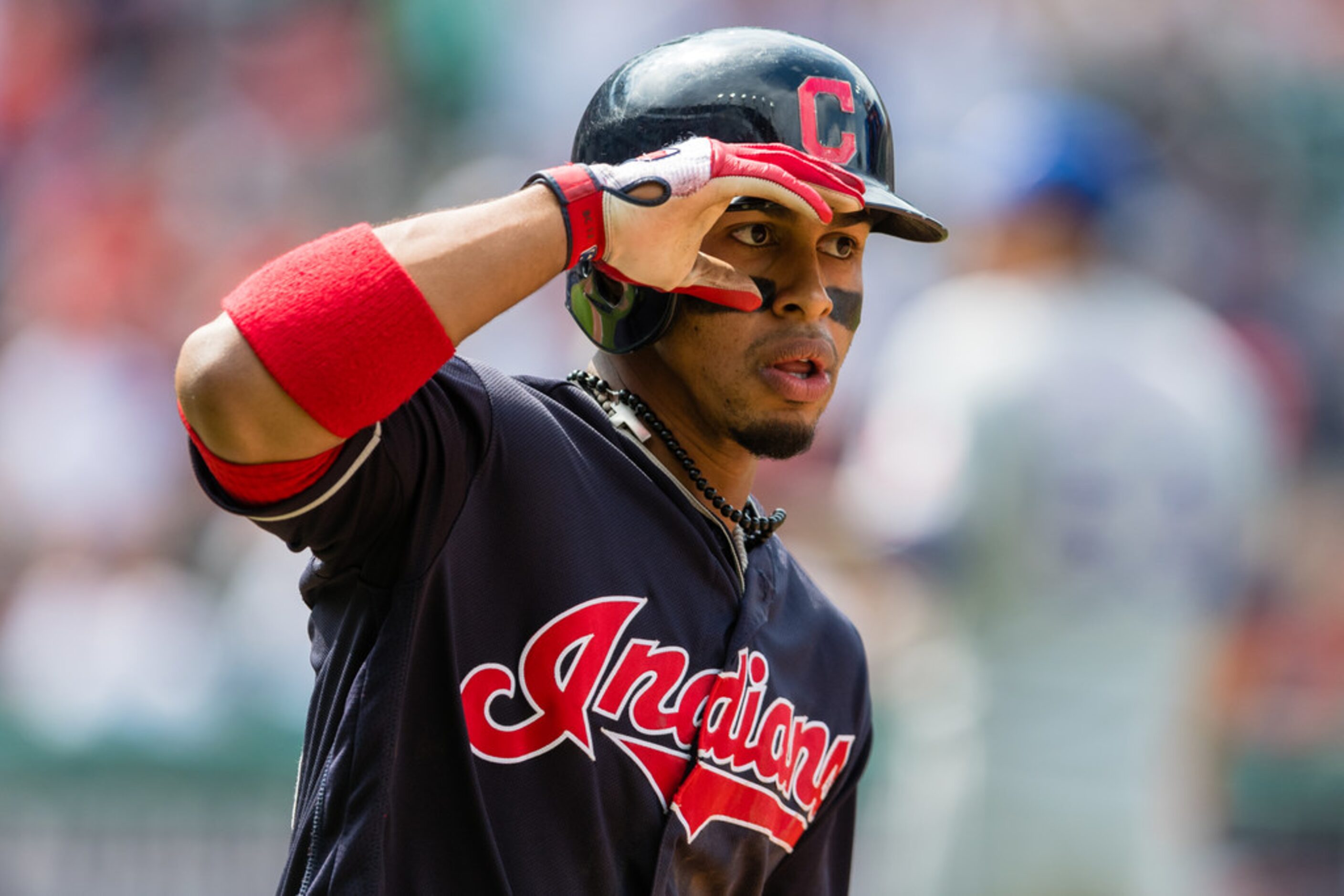 CLEVELAND, OH - MAY 2: Francisco Lindor #12 of the Cleveland Indians salutes as he rounds...