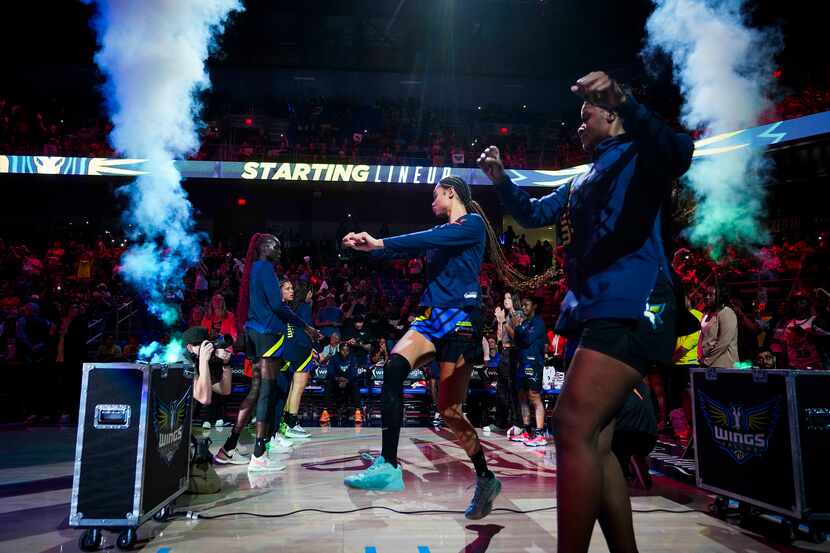 Dallas Wings forward Satou Sabally is introduced before Game 3 of a WNBA basketball...