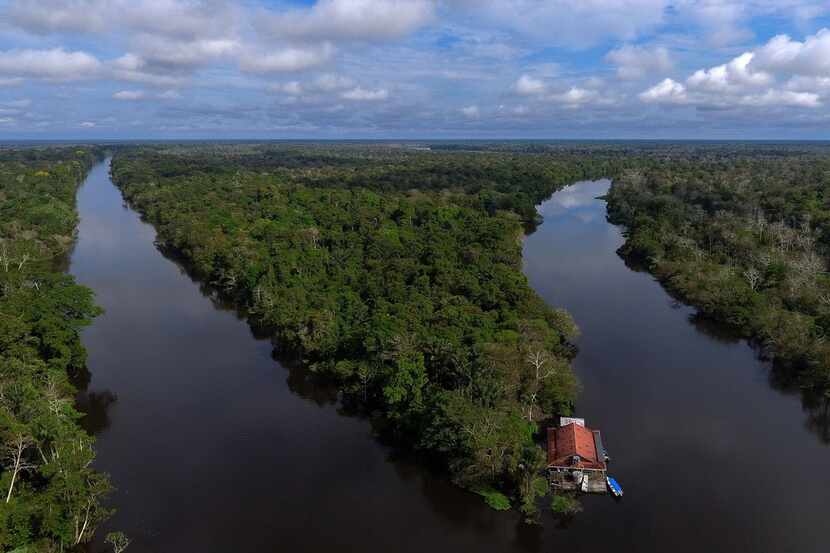 A drone view of a split in the river Amazon is named after in Brazil.