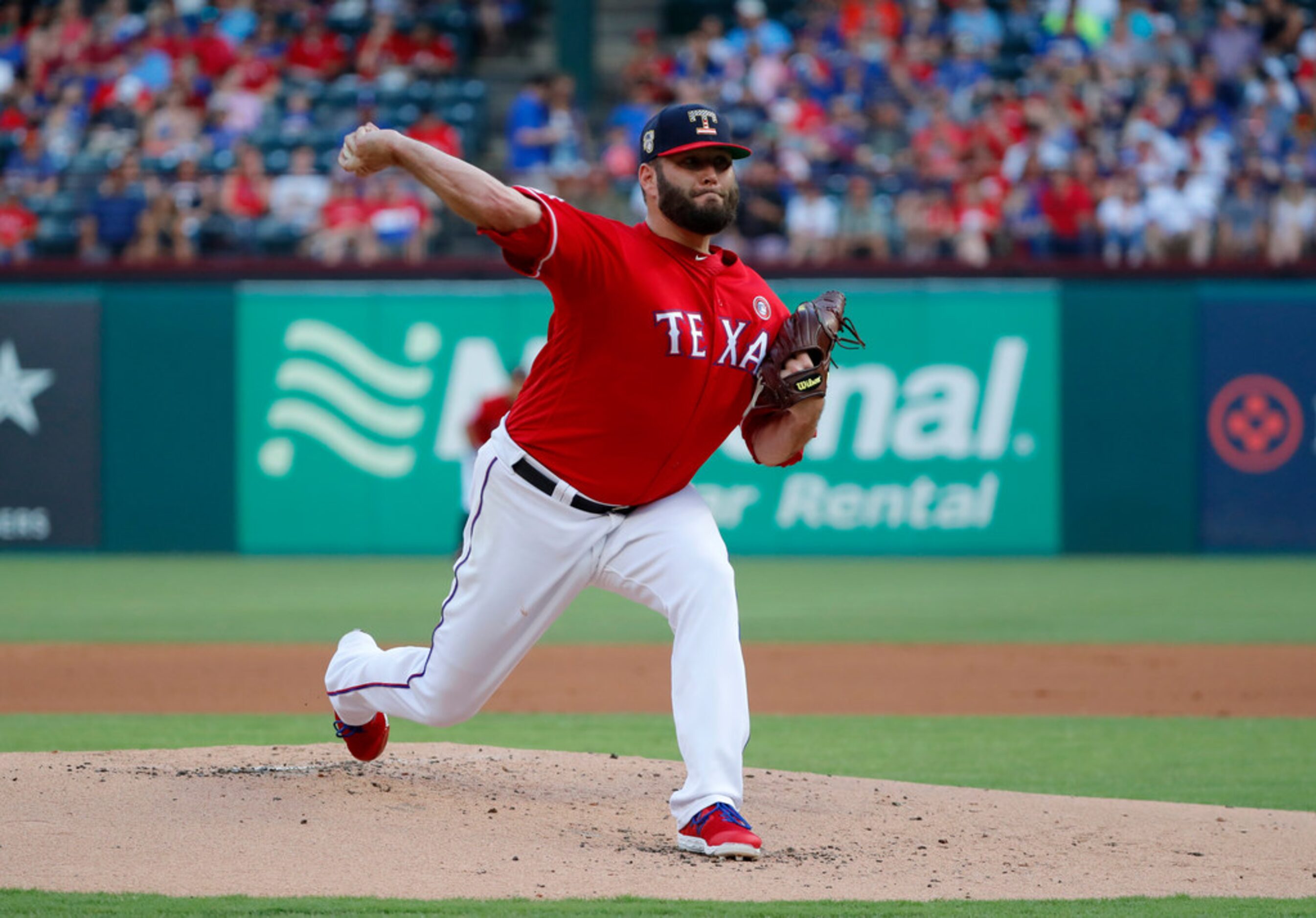 Texas Rangers starting pitcher Lance Lynn (35) works against the Los Angeles Angels in the...