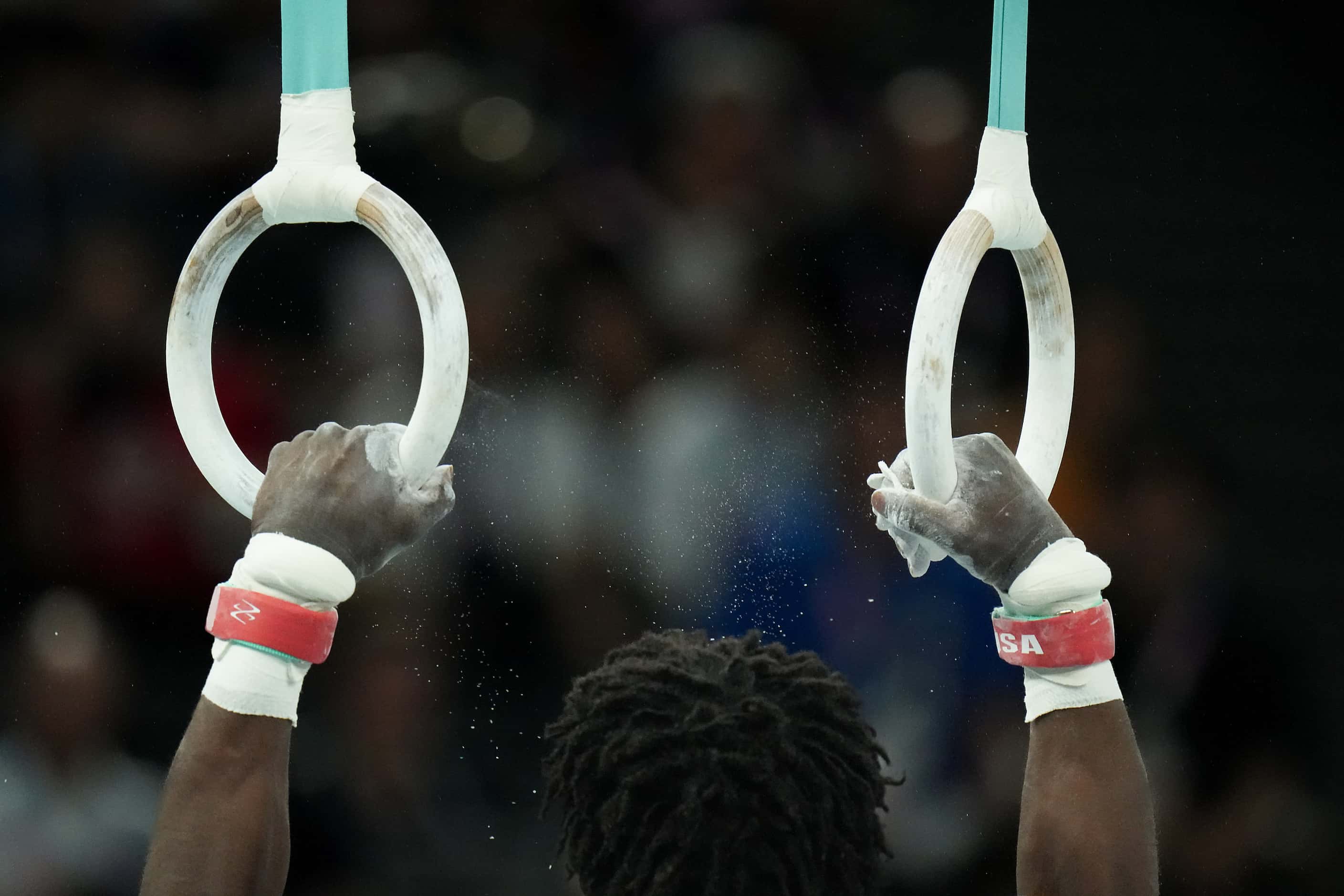 Frederick Richard  of the United States reacts after competing on the rings during the men’s...