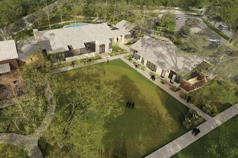 An aerial view of the amenity center at Hillwood Communities' Treeline, a planned community...
