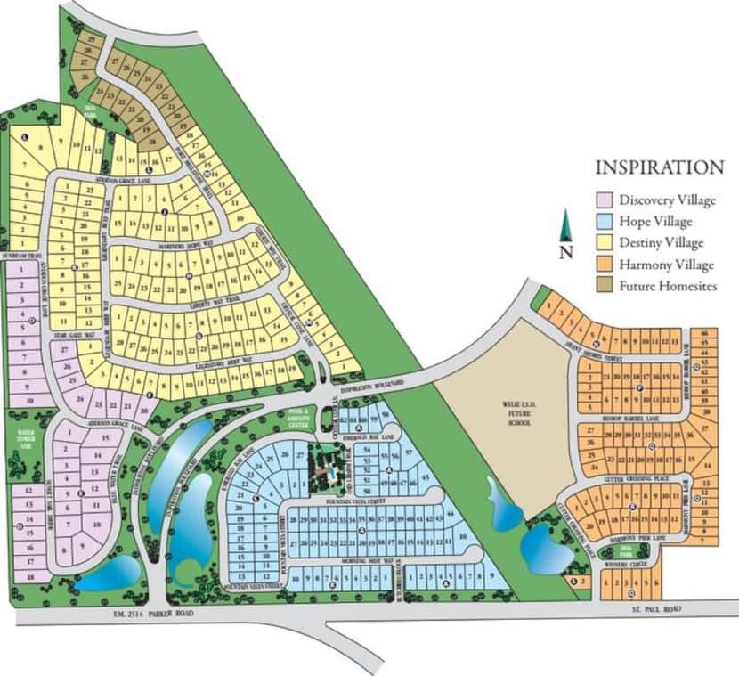 
The site plan for Huffines Communities’ Inspiration development includes 1,400 homes on 593...