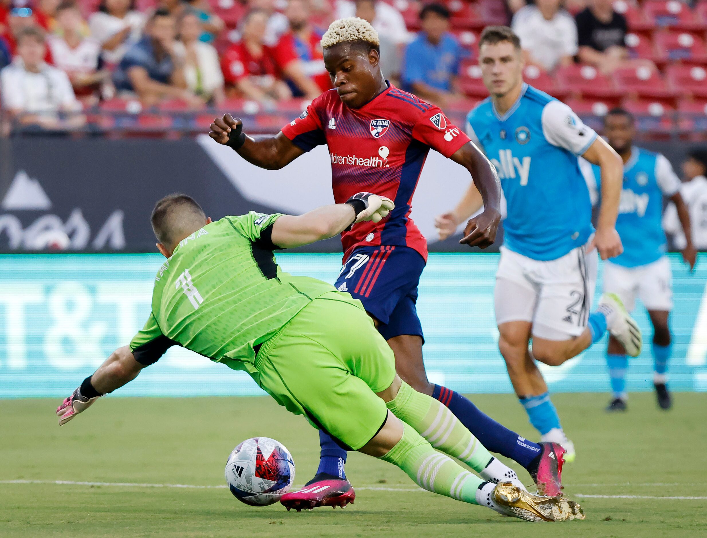 FC Dallas forward Bernard Kamungo (77) gets the ball past Charlotte FC goalkeeper Kristijan...