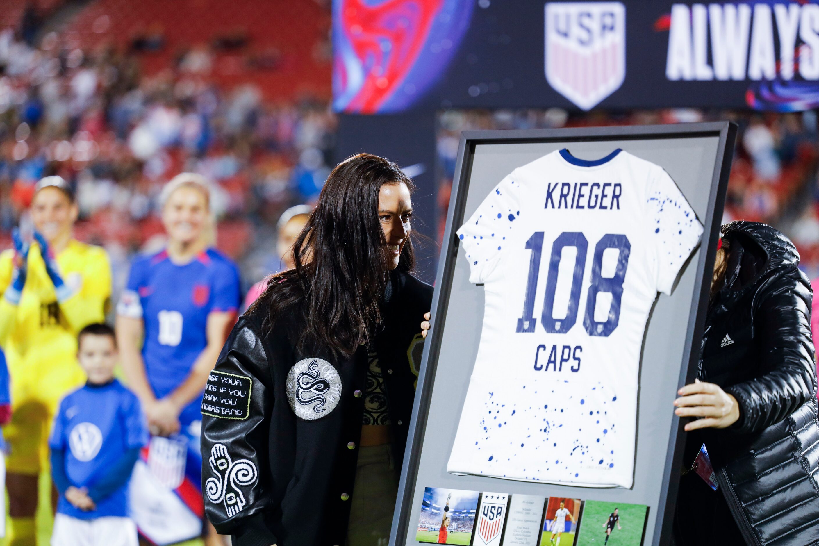 Former United States’ soccer player Ali Krueger during her honorary celebration before a...