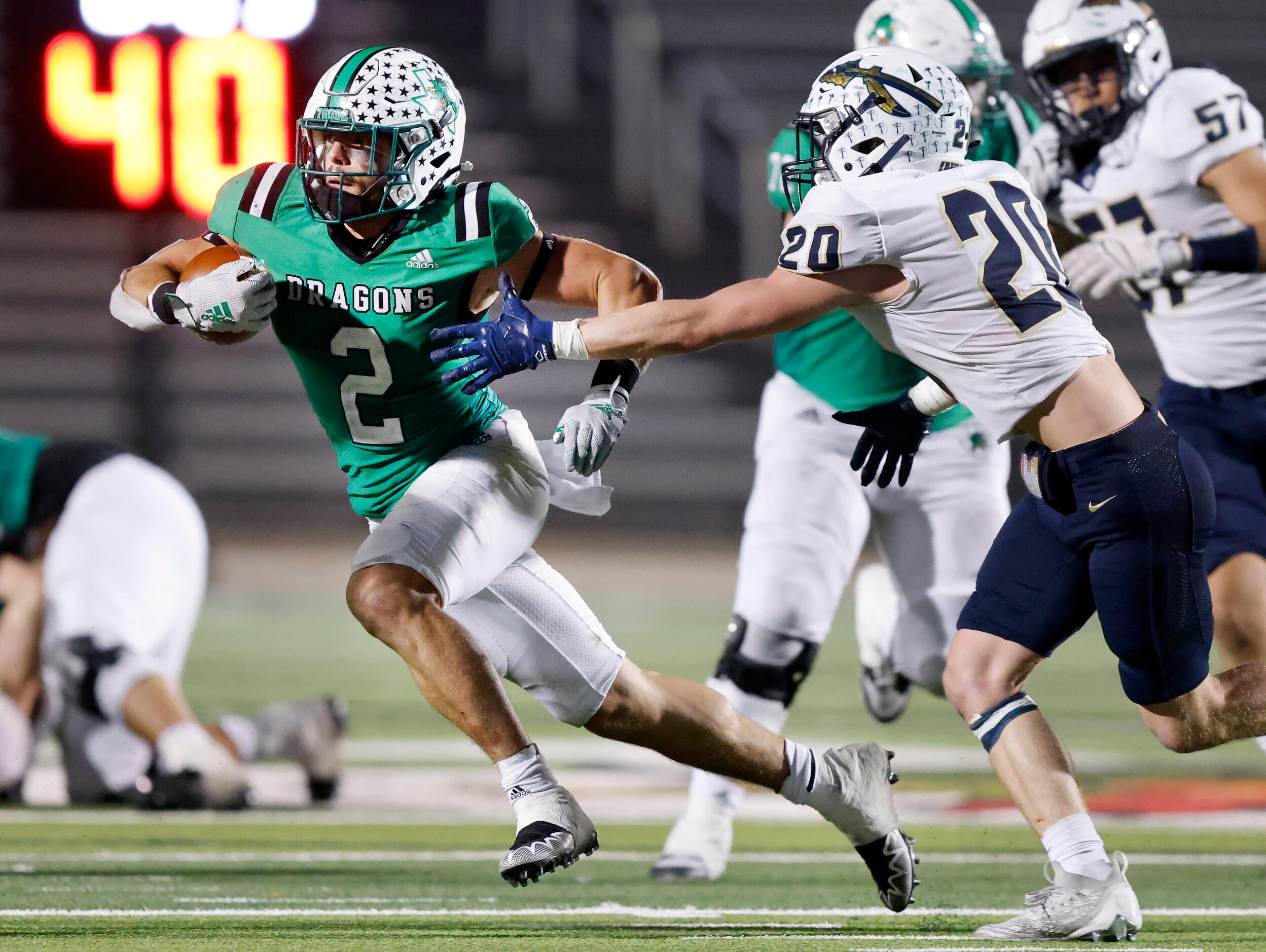 Southlake Carroll running back Owen Allen (2) carries the ball during the fourth quarter...