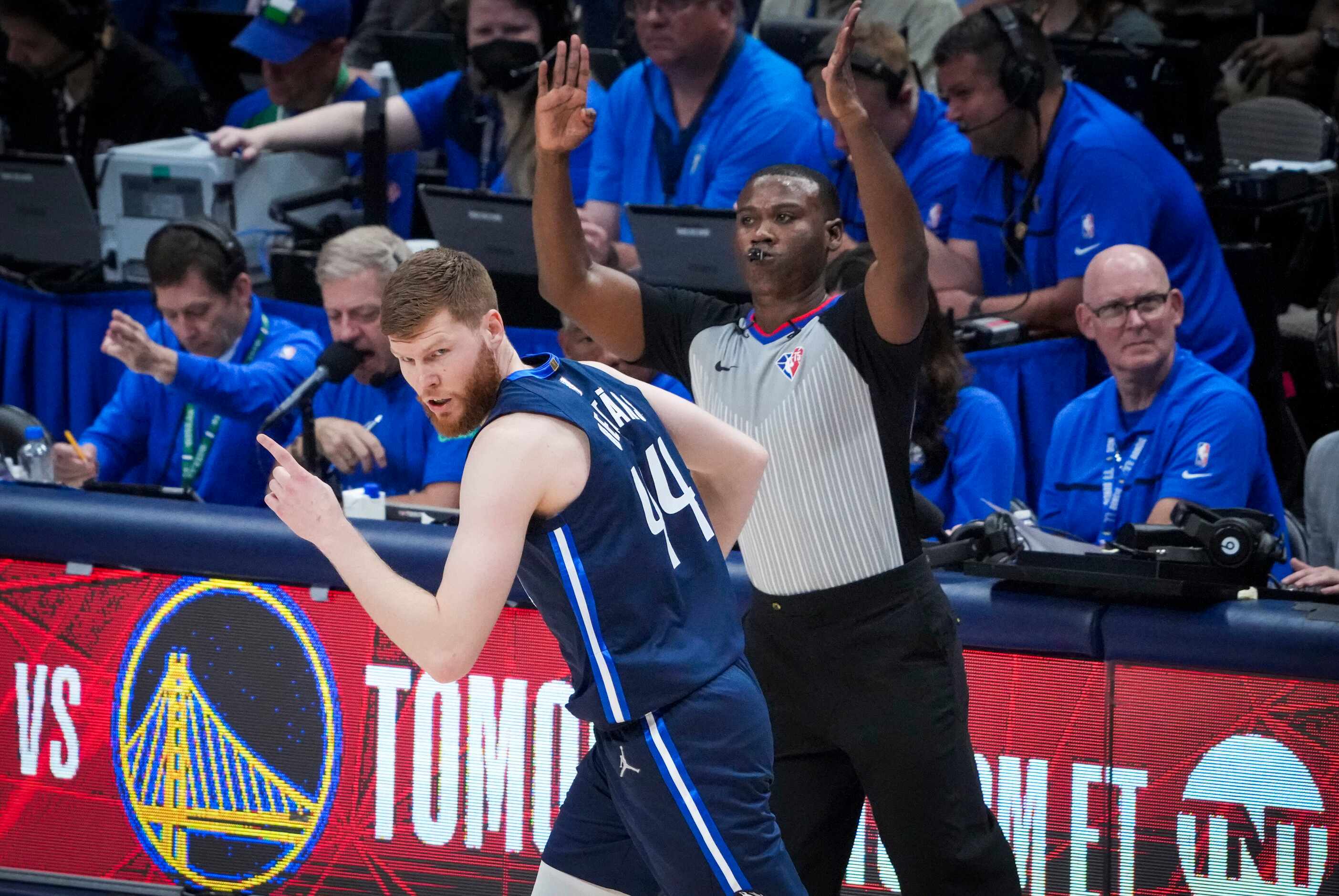 Dallas Mavericks forward Davis Bertans (44) celebrates after hitting a 3-pointer during the...