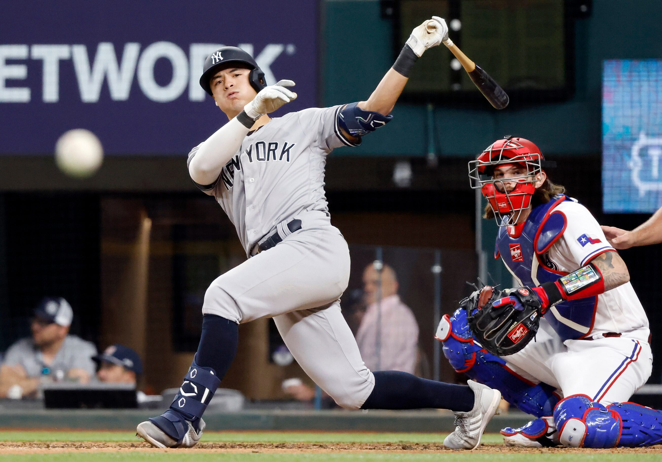 Former Texas Ranger and current New York Yankees batter Isiah Kiner-Falefa (12) fouls off a...