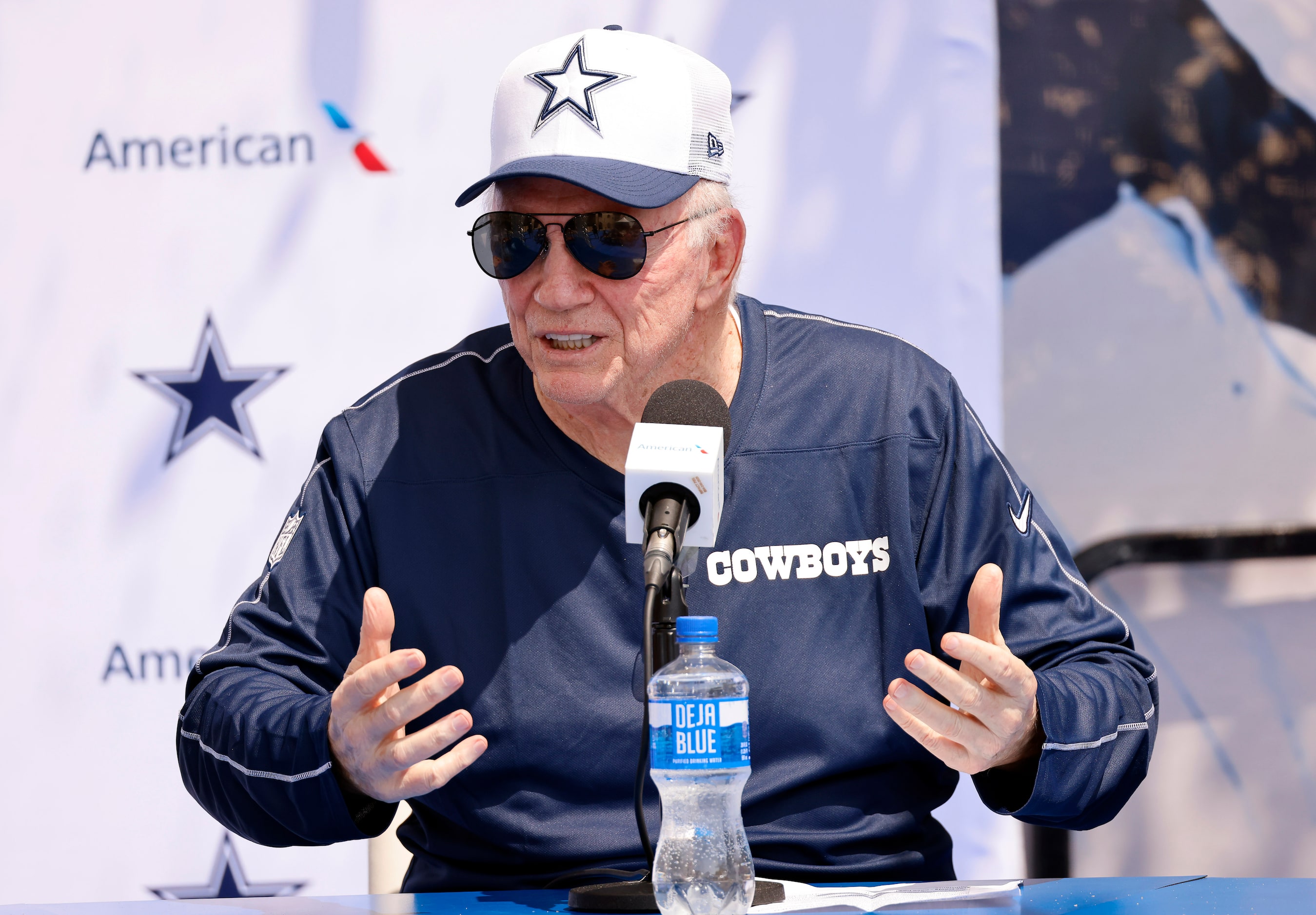 Dallas Cowboys owner Jerry Jones addresses questions from the media during his opening press...