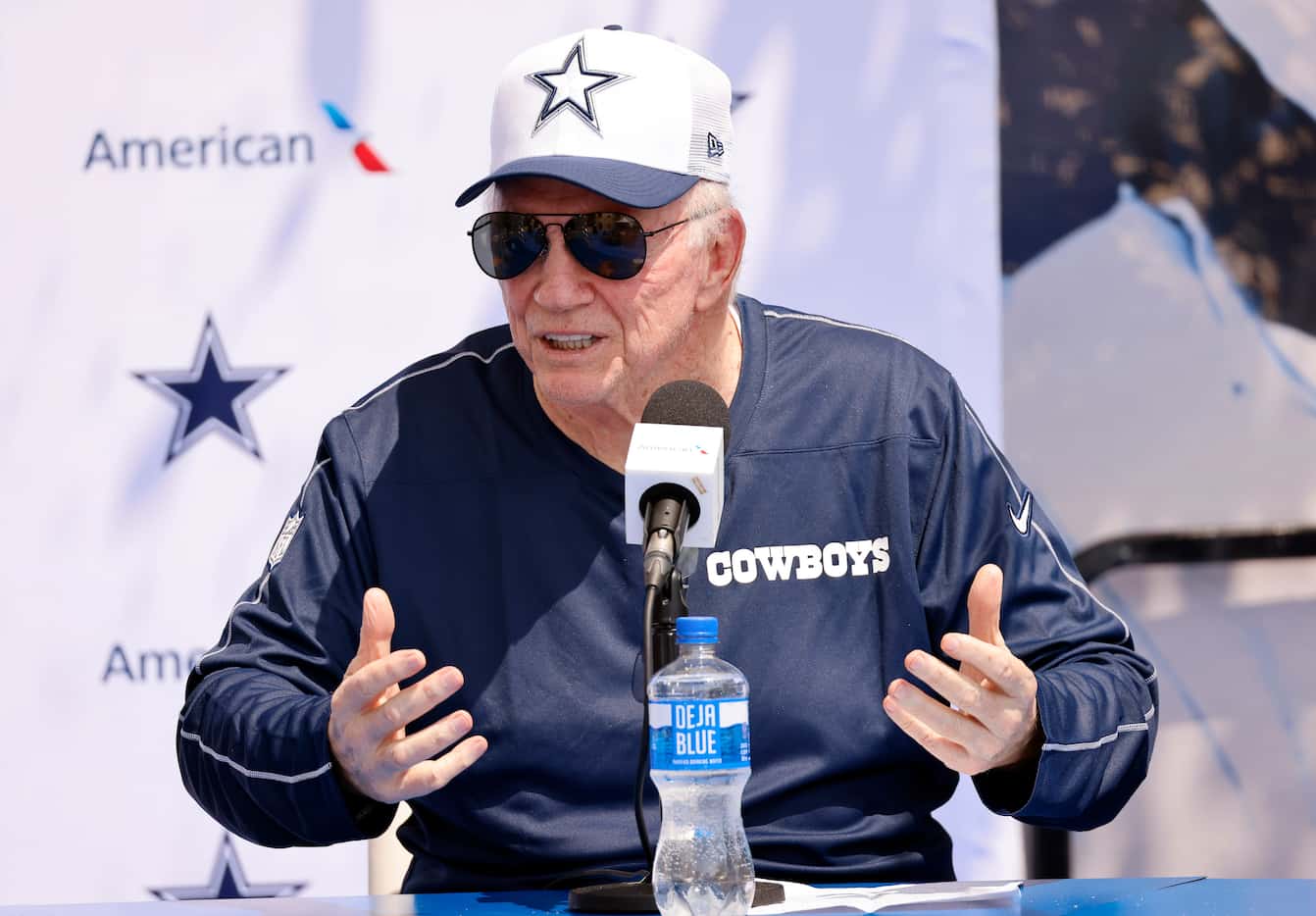 Dallas Cowboys owner Jerry Jones addresses questions from the media during his opening press...