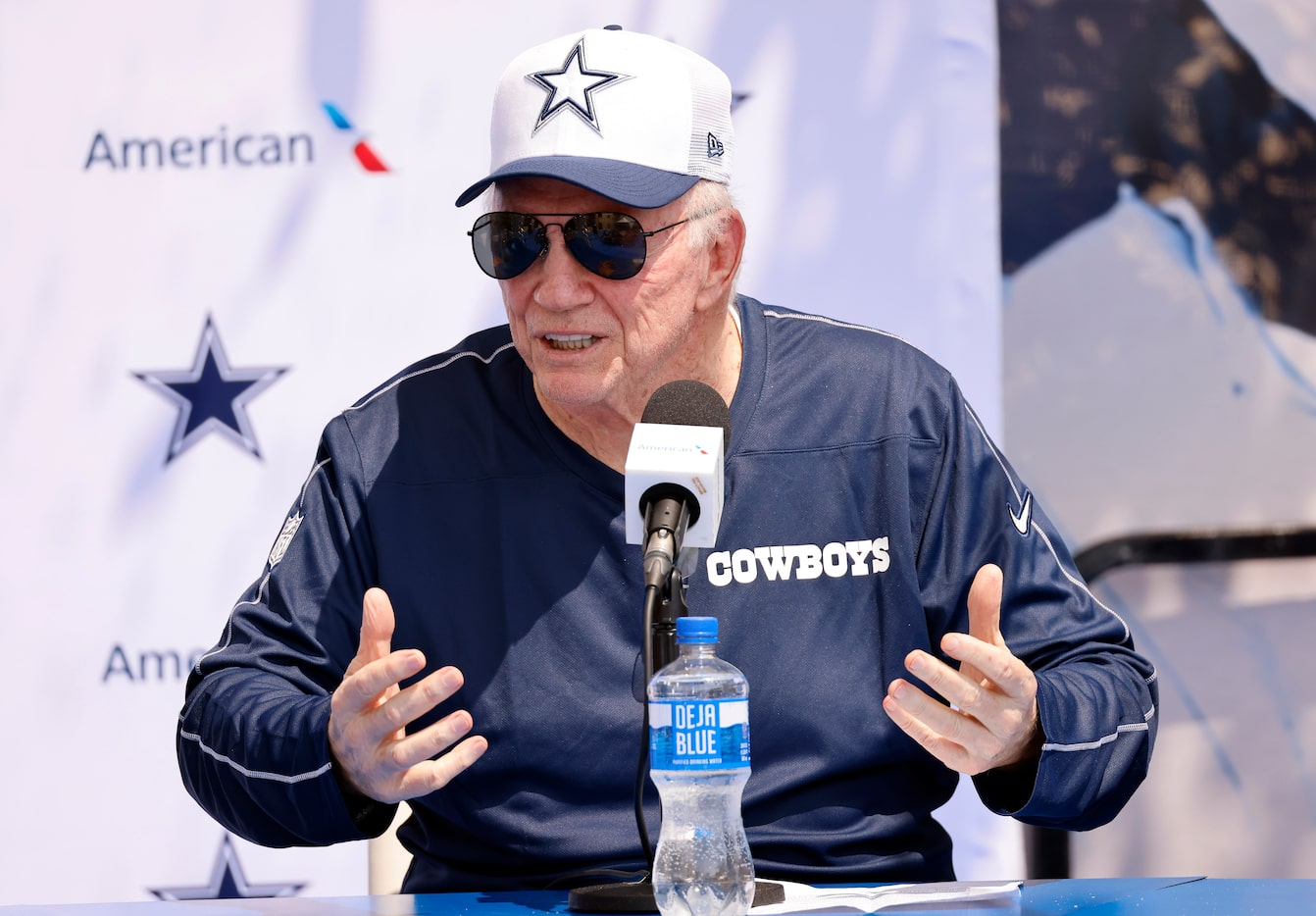 Dallas Cowboys owner Jerry Jones addresses questions from the media during his opening press...