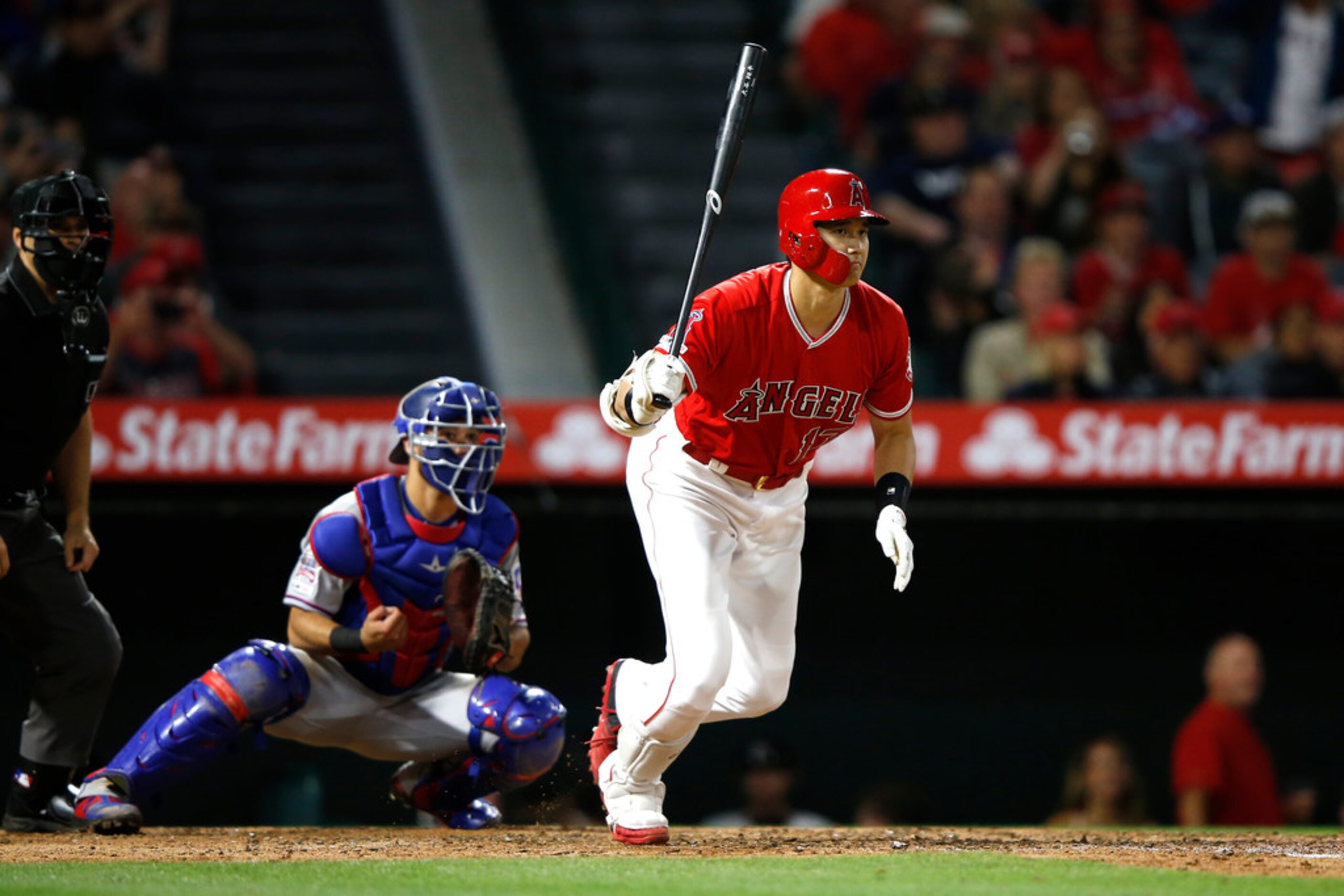 ANAHEIM, CALIFORNIA - MAY 24:  Shohei Ohtani #17 of the Los Angeles Angels of Anaheim lines...