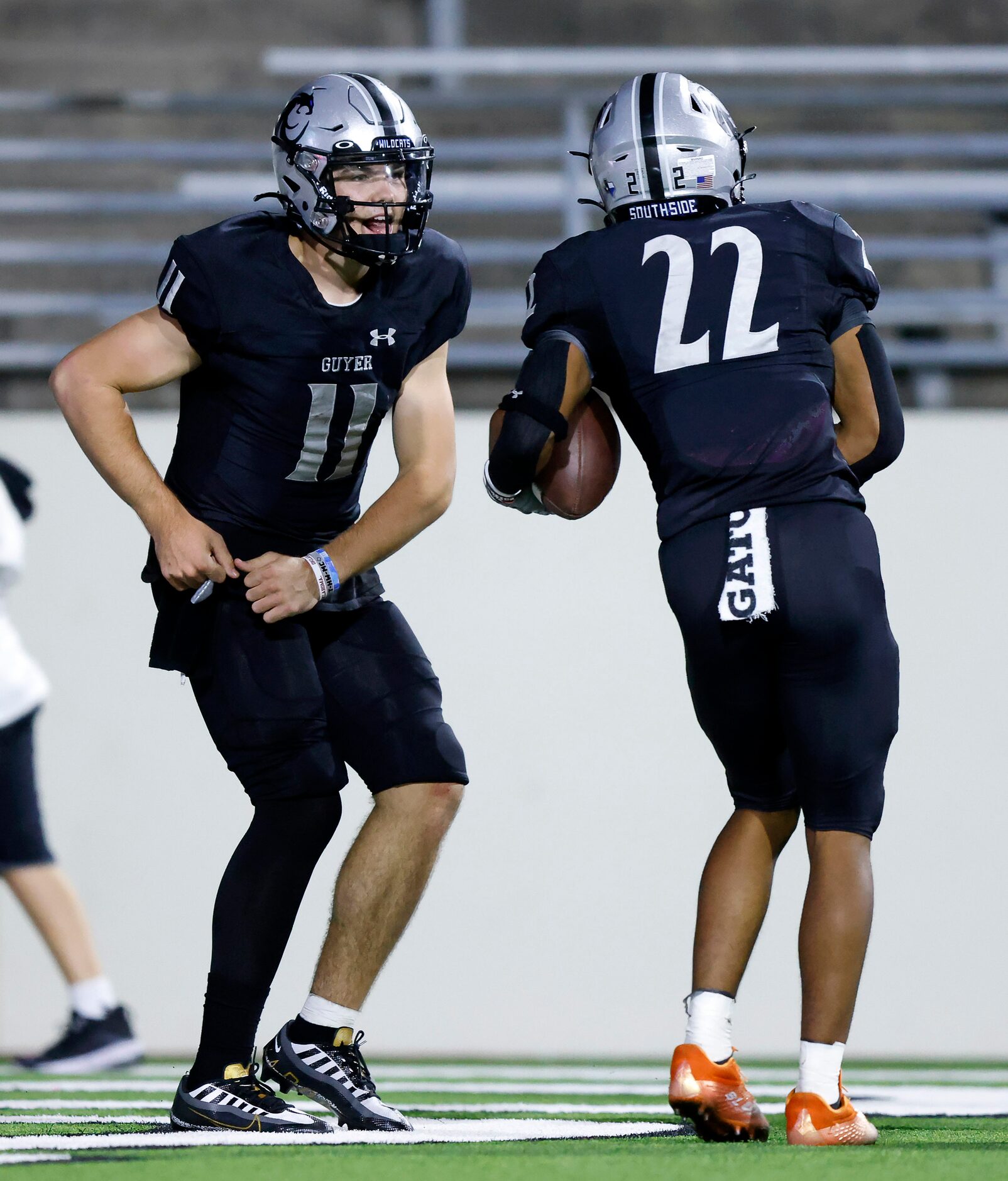 Denton Guyer punt returner Peyton Bowen (22) celebrates his punt return for a touchdown with...